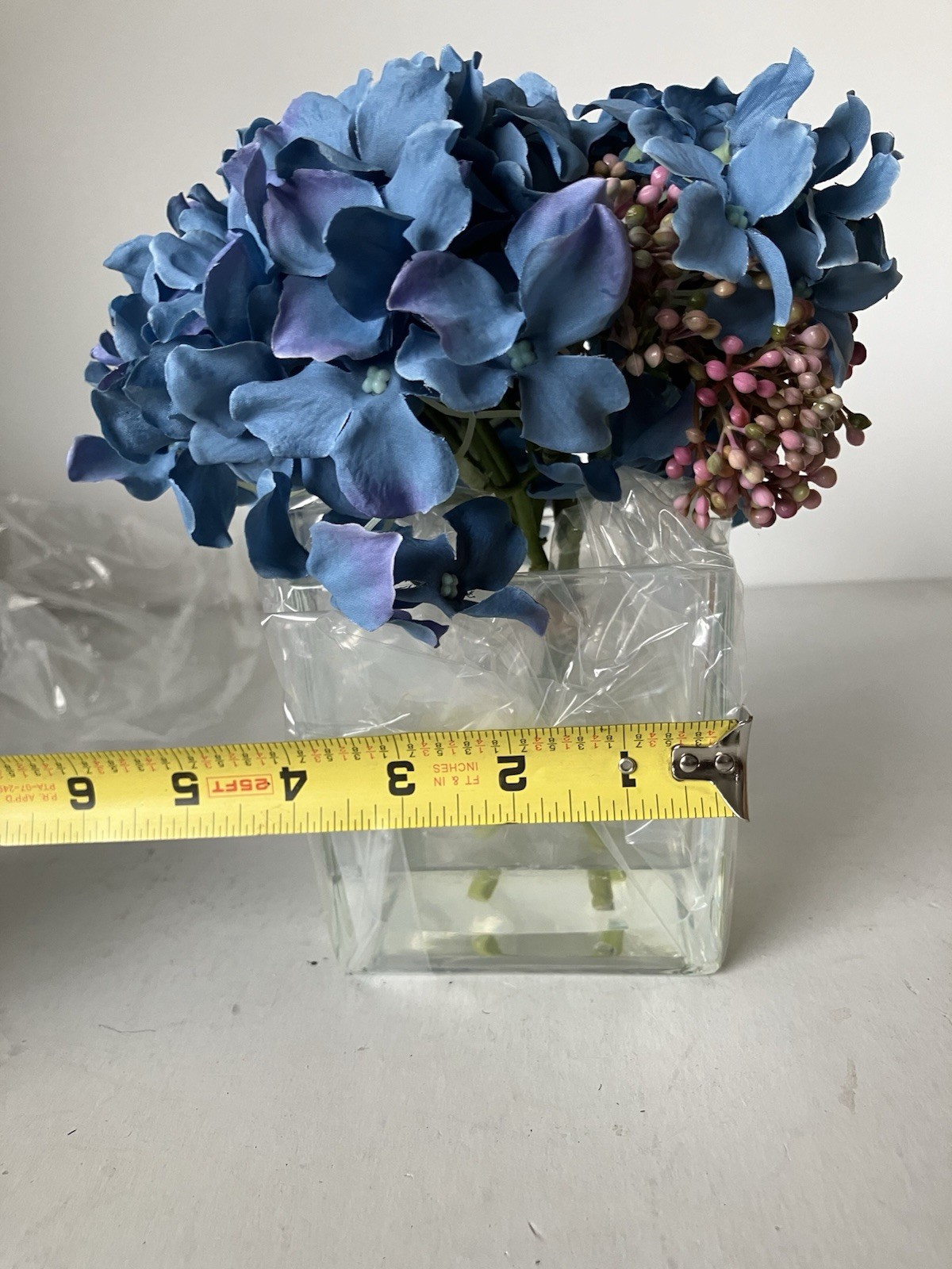 Artificial Silk Hydrangea In Vase With Faux Water In Cube Vase
