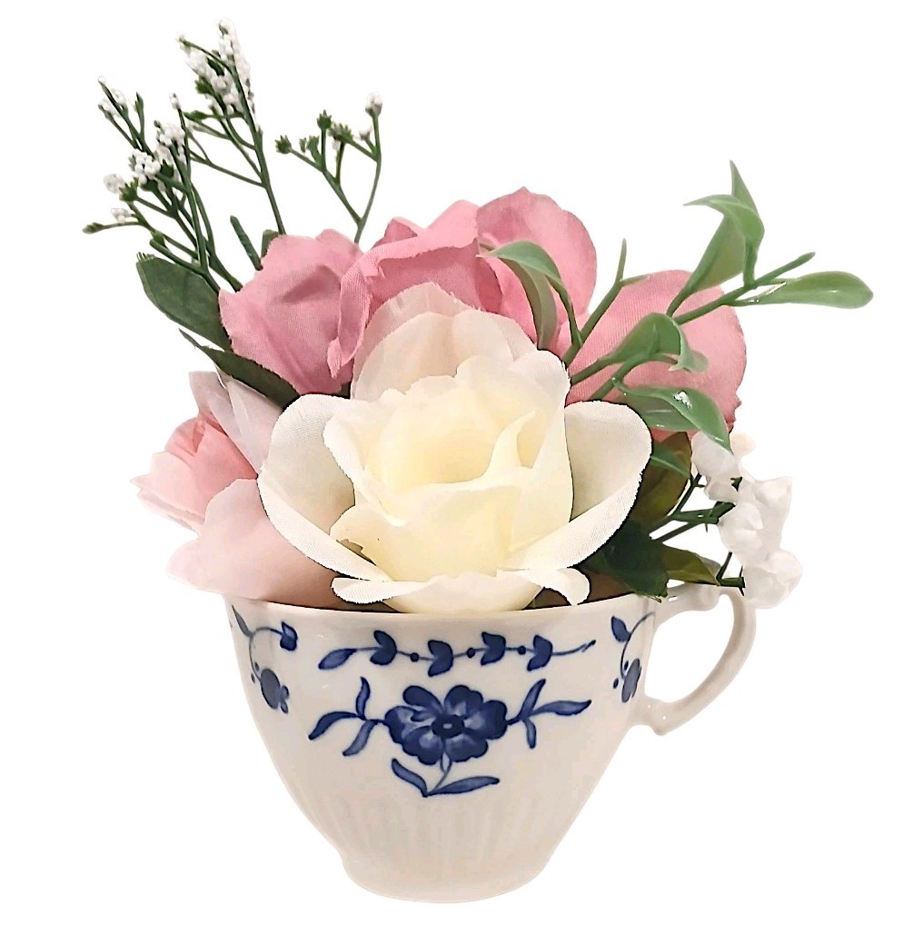 Dainty Pink White Roses Floral Arrangement Tea Party Cup POP-IN Birthday Bridal