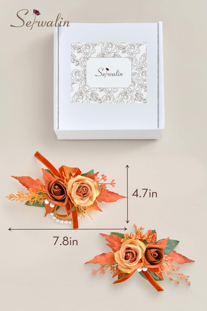 2 PCS Orange 6-7 Inch Wrist Corsage Boutonniere Set Wedding Prom Ceremony