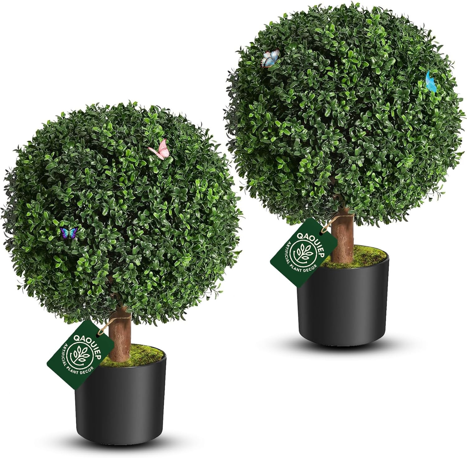 Twin 24” Faux Boxwood Trees – Lifelike Indoor/Outdoor Planters, No Water Needed