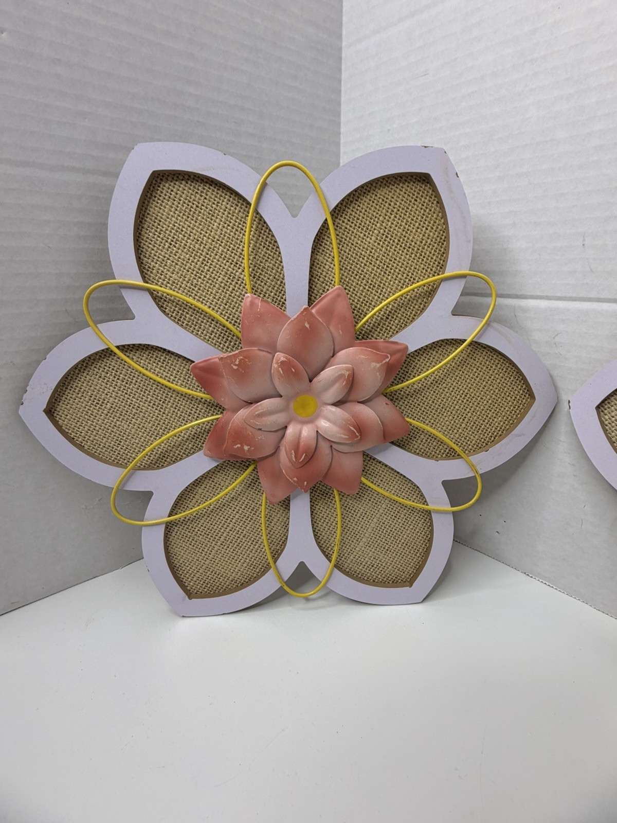 3 Wood Burlap & Metal 3D Flowers Decor Hanging 12” Wall Home Decor Wall Hanger