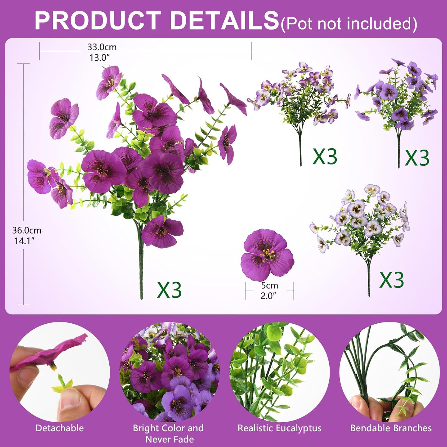 Artificial Fake Pansy Flowers for Outdoor, 12 Pcs Faux Silk Pansies Flower for S