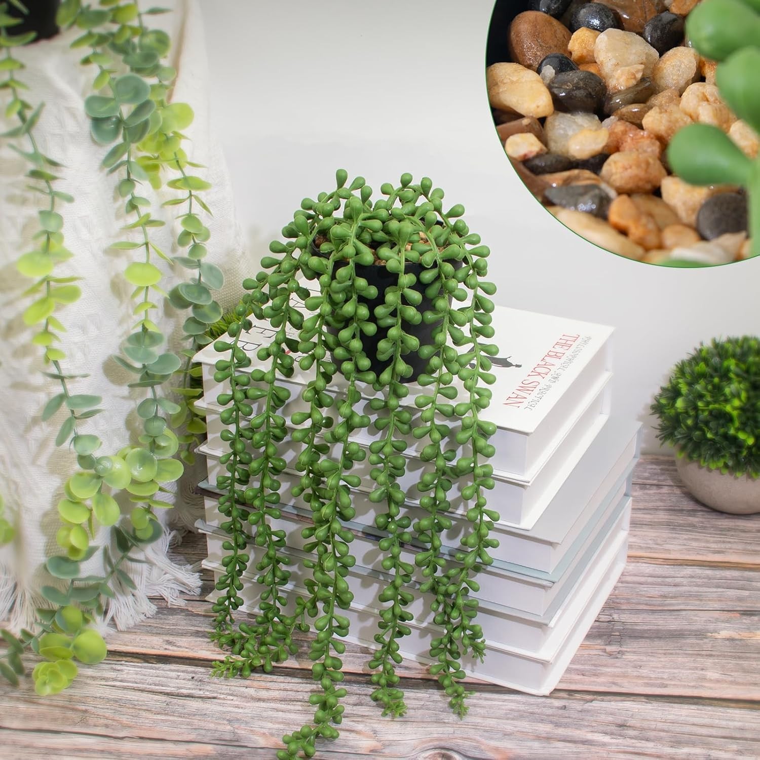 LOYWREE Fake Plants Indoor Artificial String of Pearls Plant in Black Pots, Real
