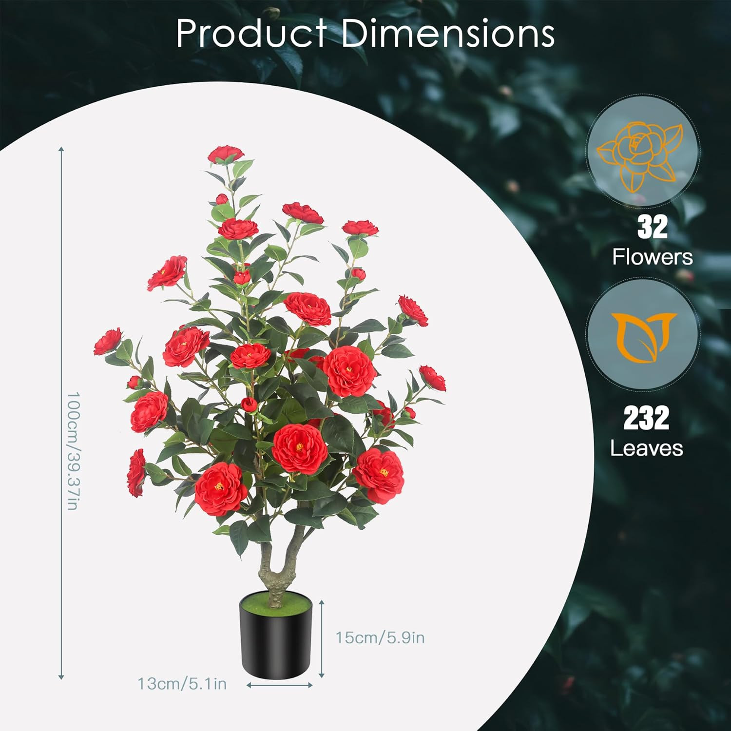 2Pack 39.37″ Red Artificial Camellia Trees in Cement Pots – Lifelike Decor
