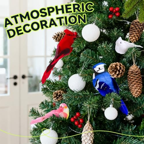 6pcs Realistic Artificial Birds with Real Feathers, Clip-on Christmas Tree