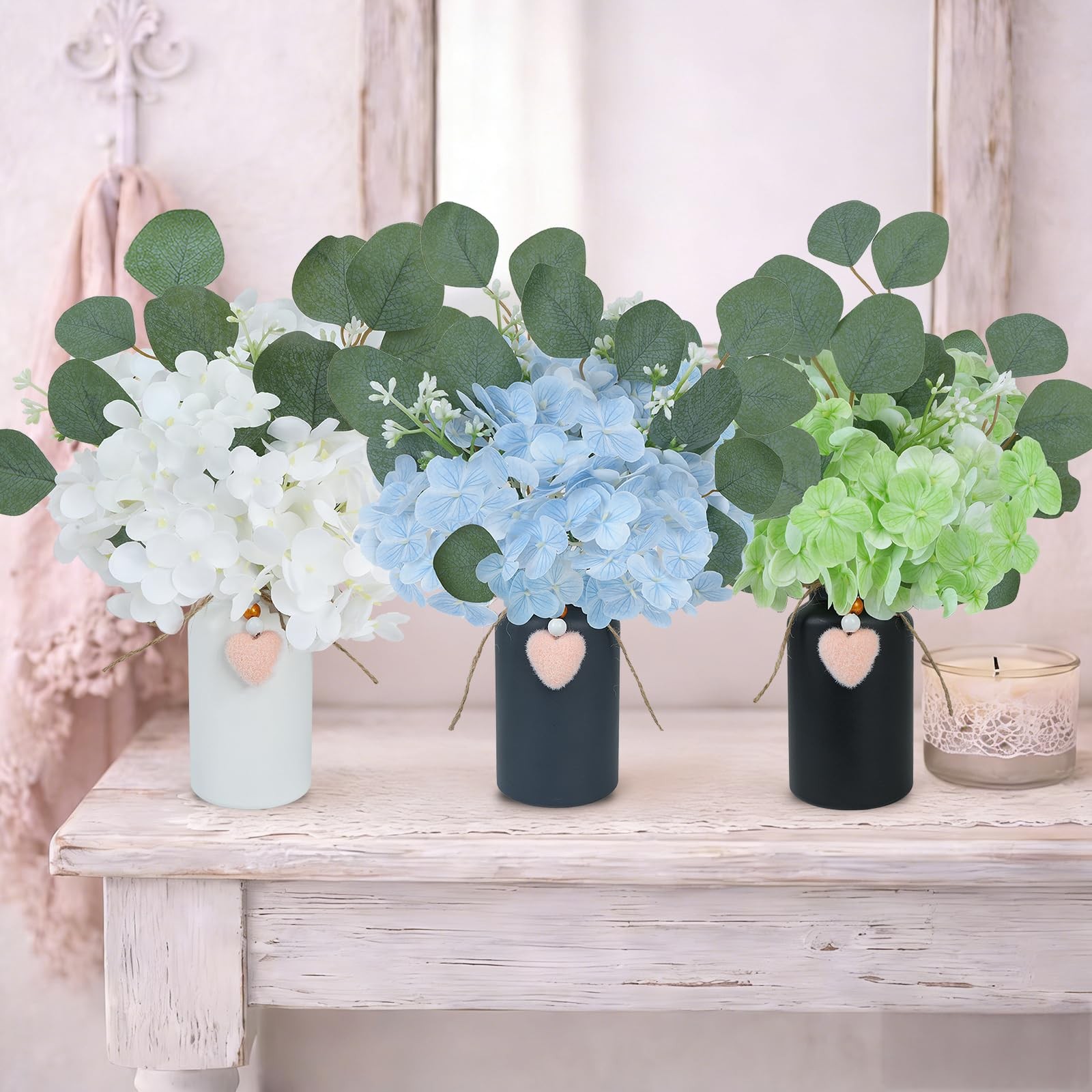 Artificial Hydrangea Flowers in Mason Jar Vase, Set of 3 Faux Hydrangea and E…