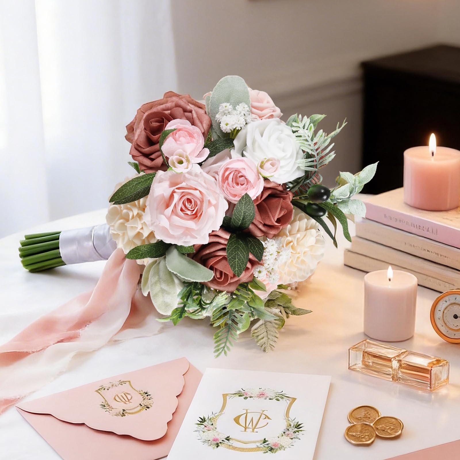 Dusty Pink Fake Wedding Bouquet Artificial Bridesmaid Roses Flowers Decoration