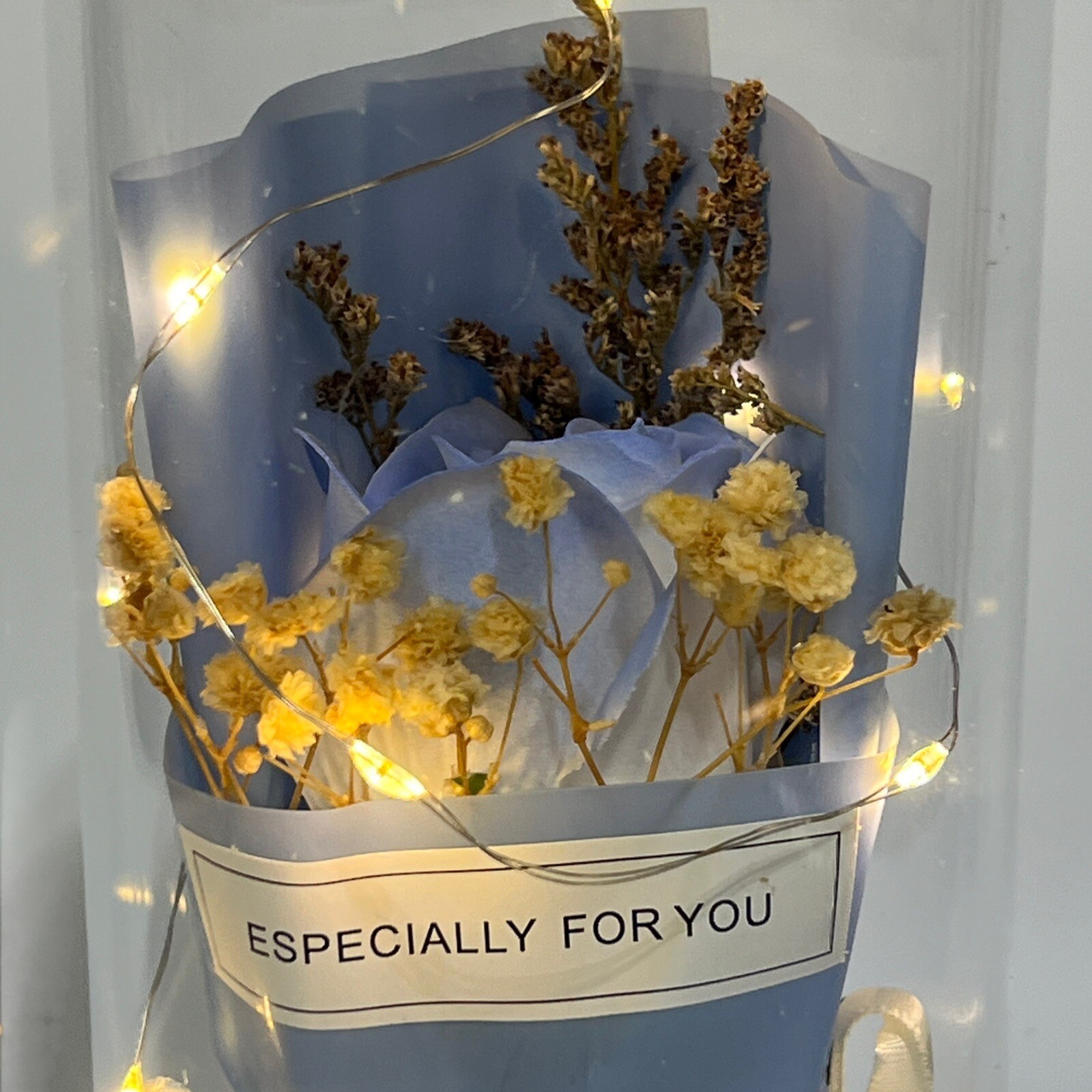 Ice Blue Rose in Glass Dome LED Forever Flower Lamp Enchanted Holiday Day Gift
