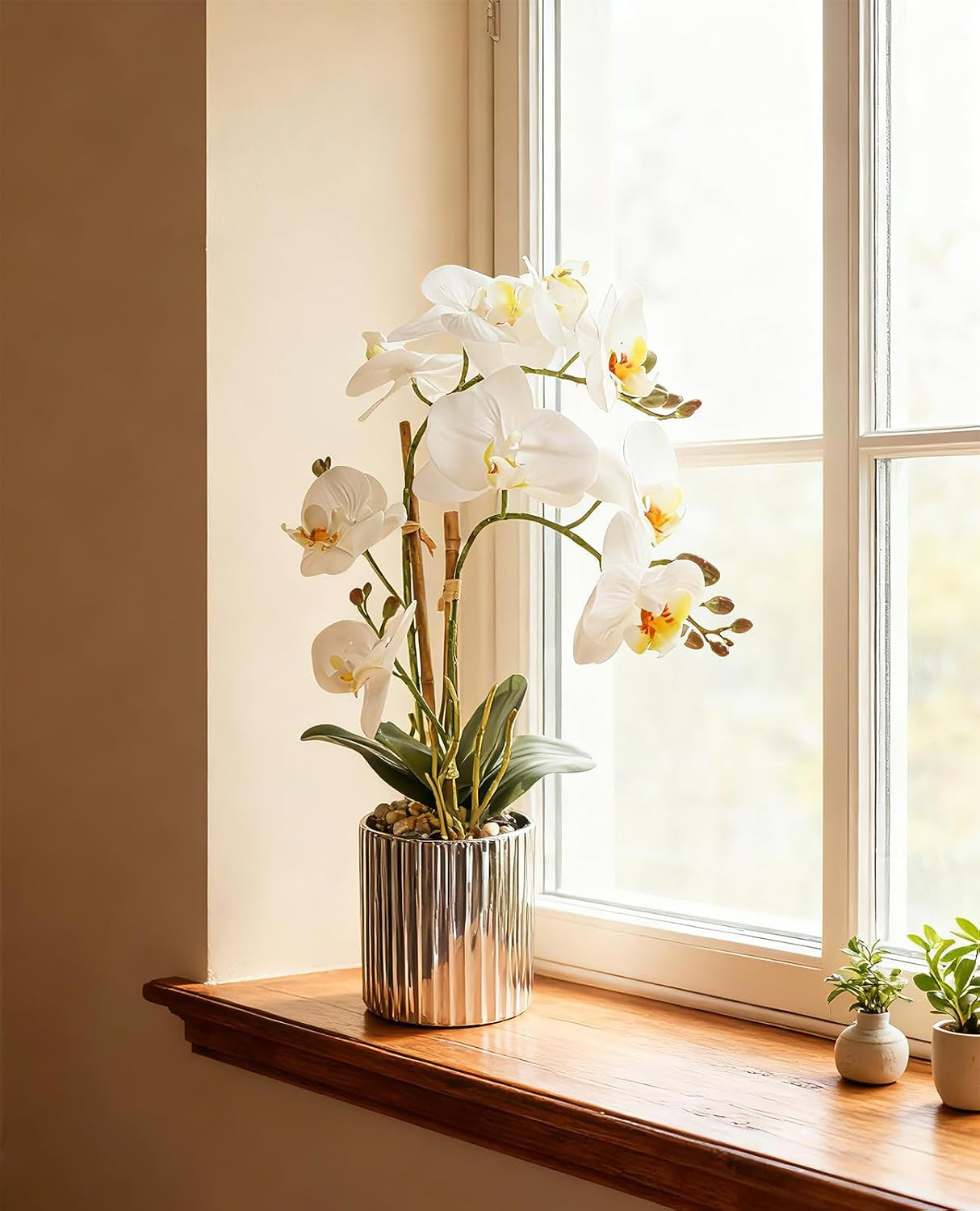 Realistic White Orchid Plant in Silver Vase – Elegant Home Decor Centerpiece
