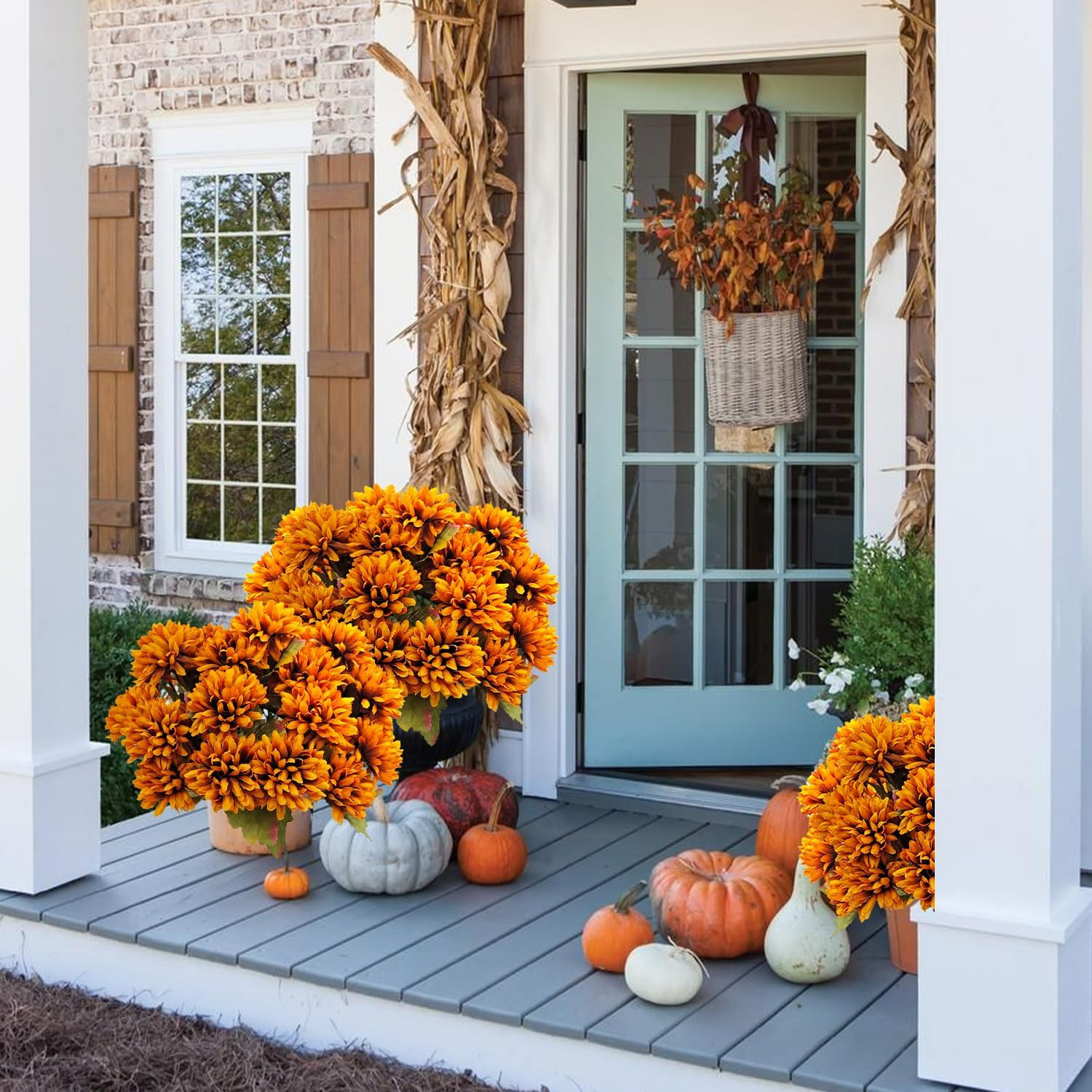 Artificial Fall Flowers Fake Mums for Outdoor, 6 Pack 30 Heads Artificial Chrysa