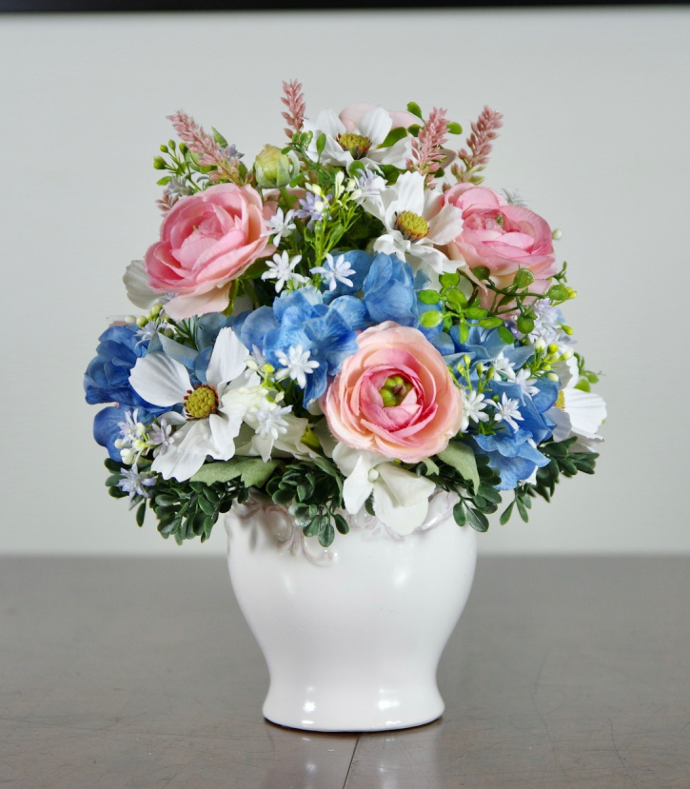 Silk Pink Ranunculus and Blue Hydrangea Arrangement in White Ceramic Bowl