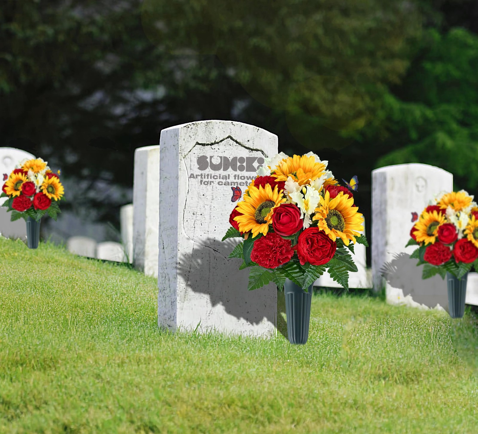 Cemetery Flowers With Vase Bright Sunflower Peony Camellia Red Orange 1 PCS
