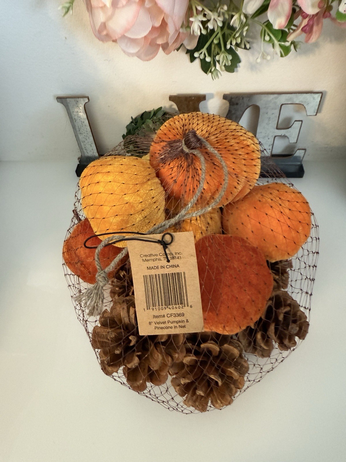 Fall 16 Pcs Velvet Pumpkin and Pinecones Net Bag Decoration Set Assort Sizes New