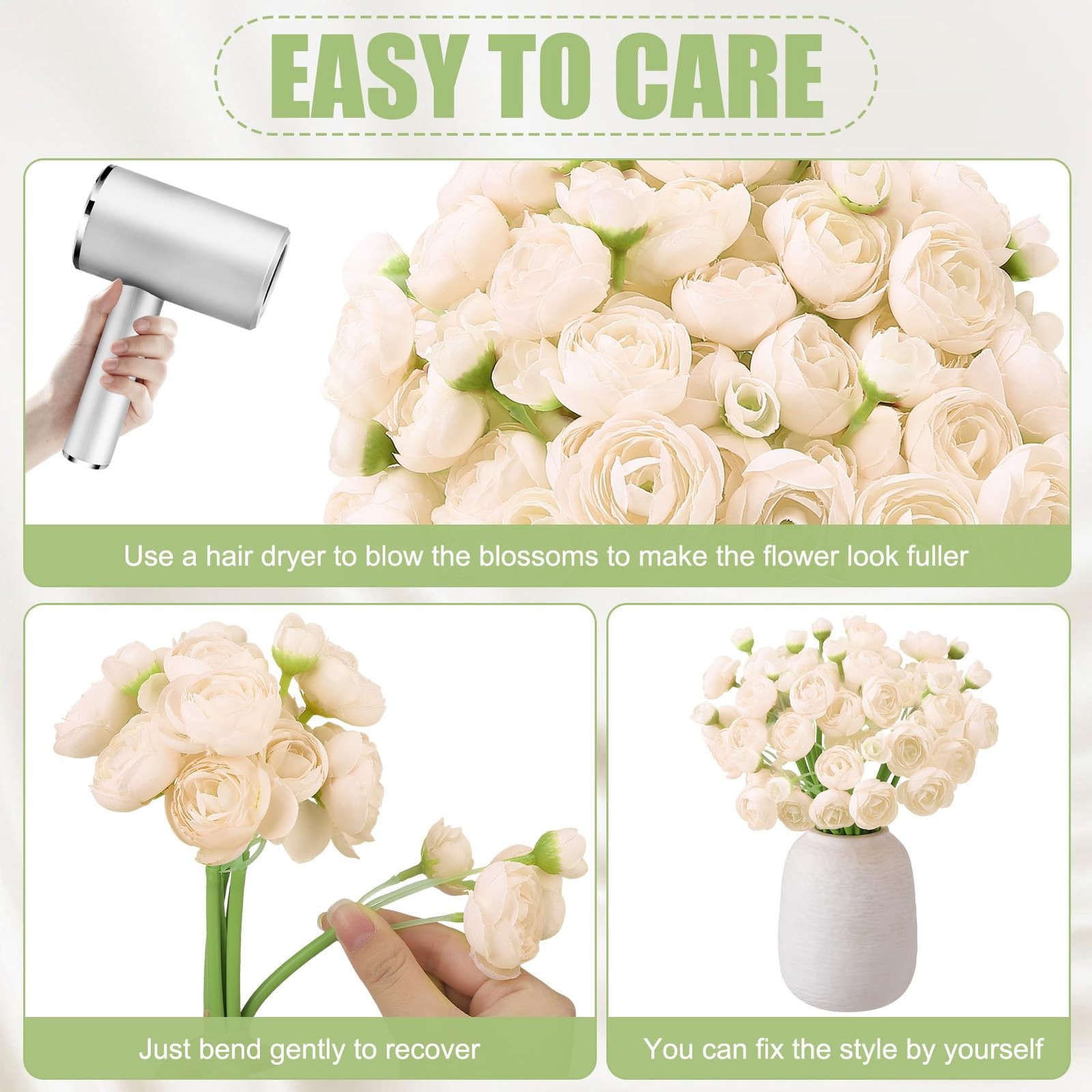 Ovveroche 5 Bouquets Cream Ranunculus Artificial Flowers, 30 Pcs Silk Mini Fa…