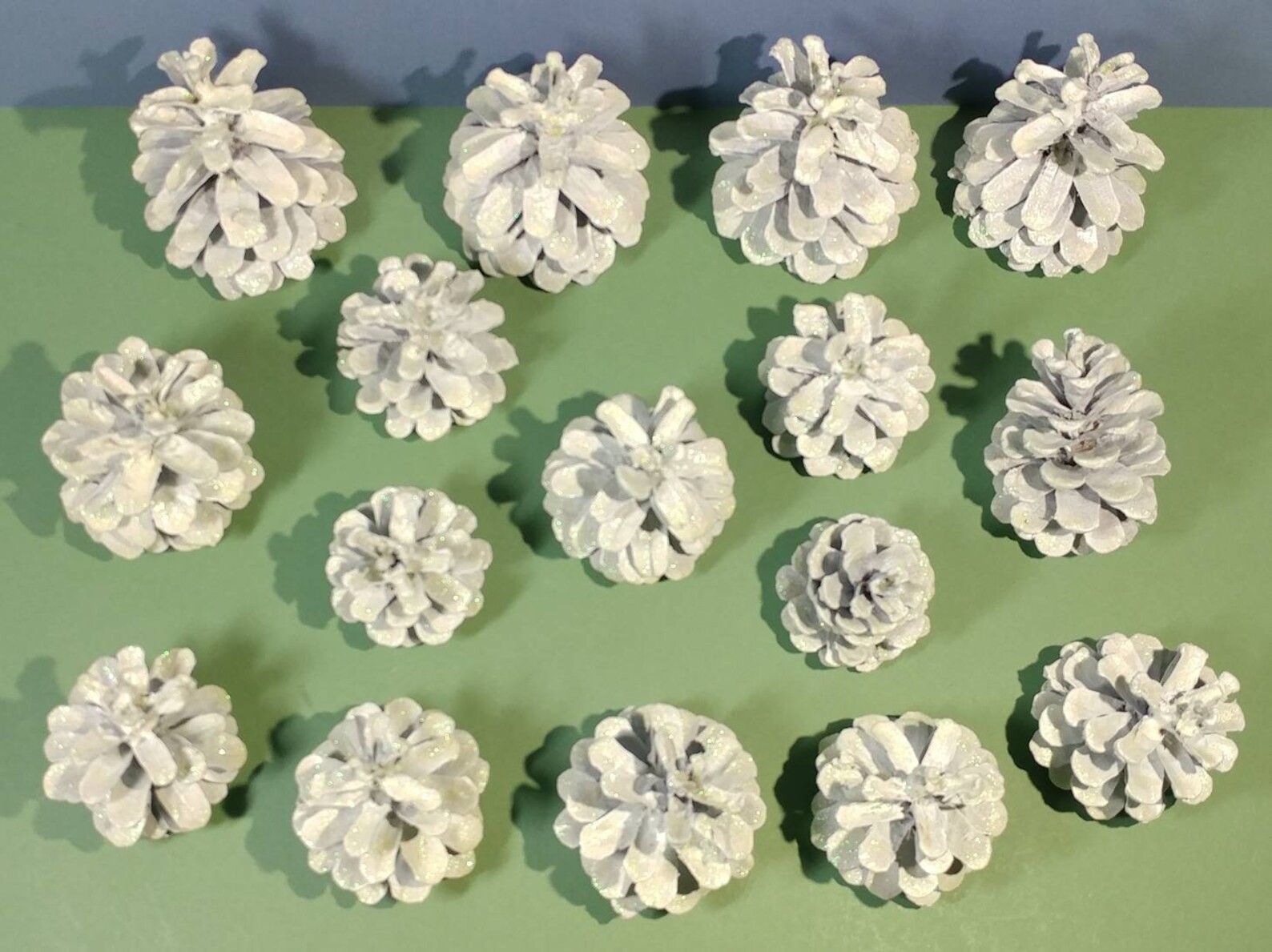15 White Glowing in the Dark Glittered Pine Cones Hand Painted Natural Pinecones