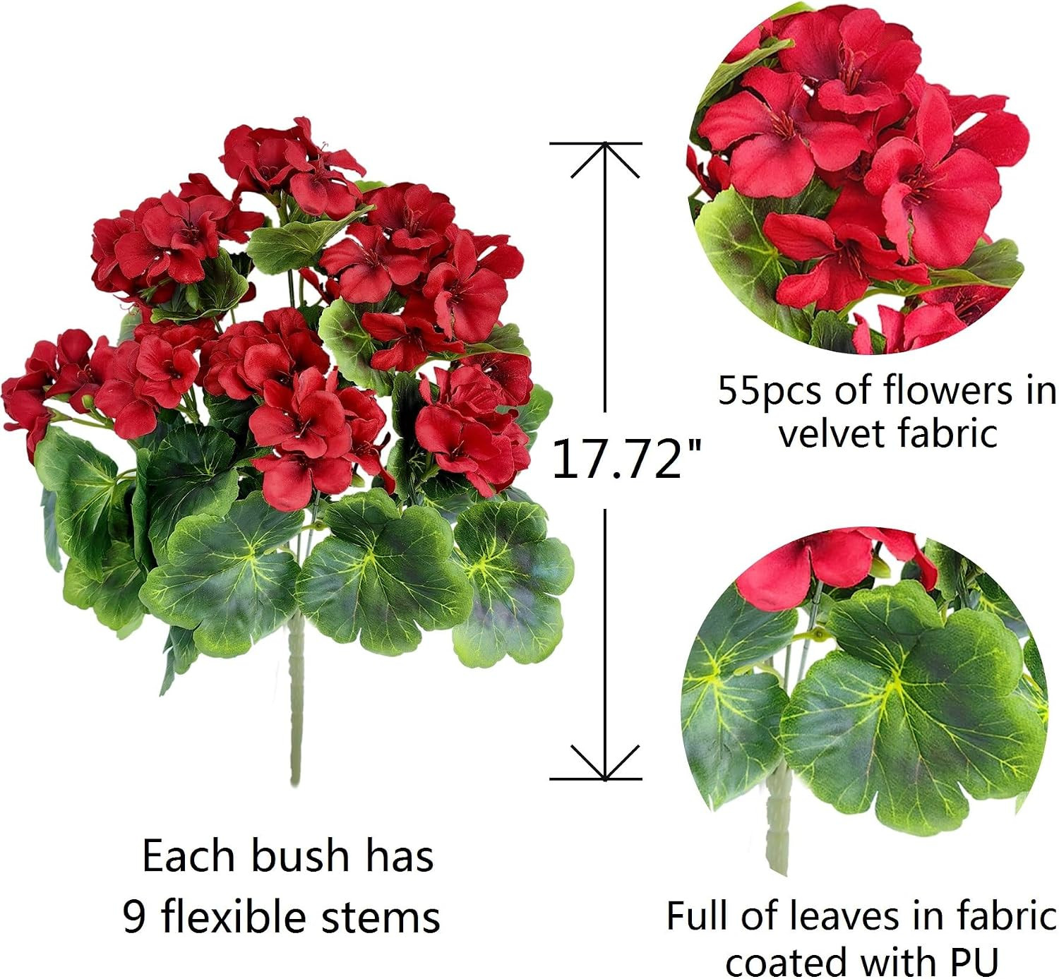 Pack of 4 Red Silk Geraniums – Lifelike Flower Bundles for Home Decor