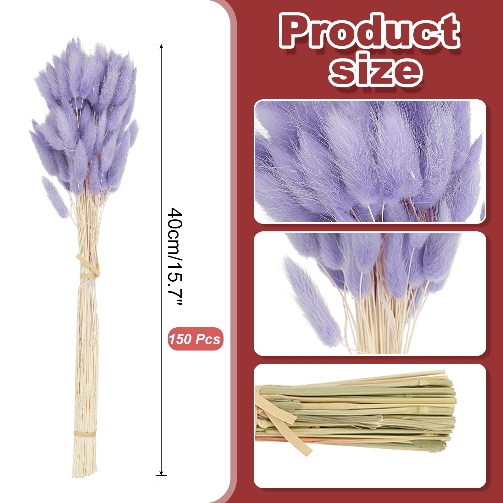 15.7in Bunny Tails Dried Flowers 150pcs Pampas Grass Decor, Purple