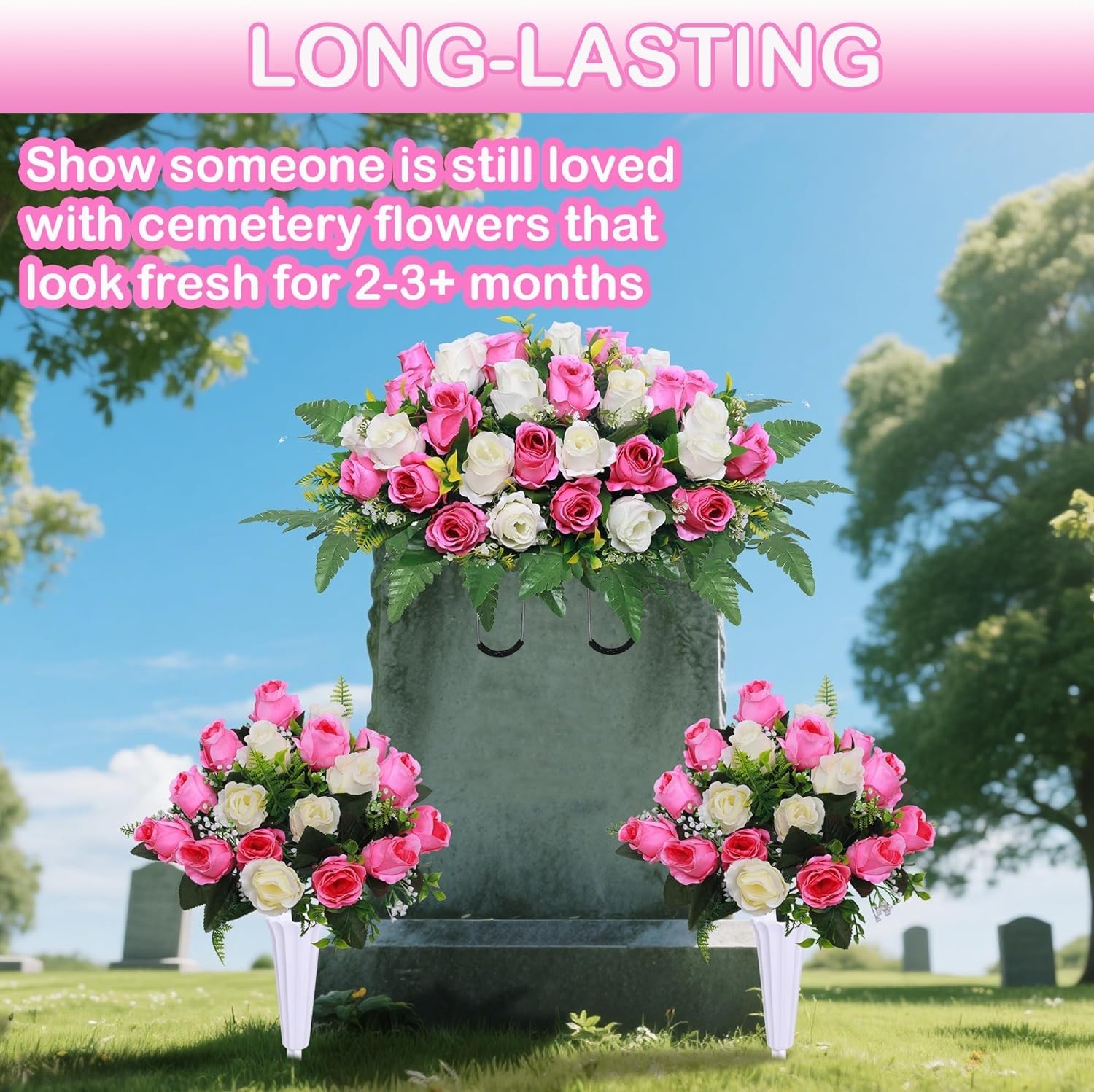 3 Pcs Artificial Cemetery Flower Saddles, Rose Headstone Flower Saddle,Cemete…