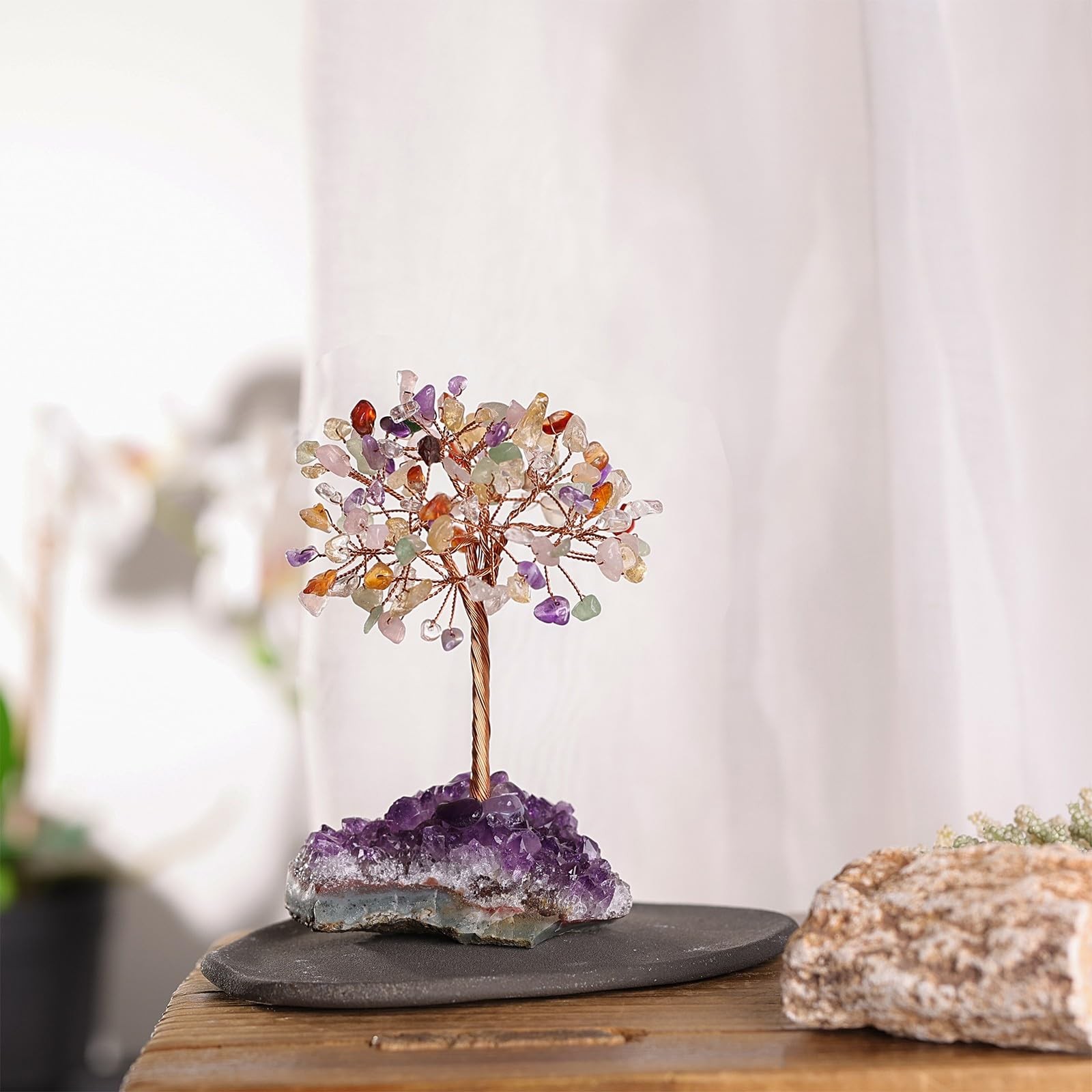 Natural Crystal Copper Tree with Amethyst Cluster Base, Artificial Fengshui S…