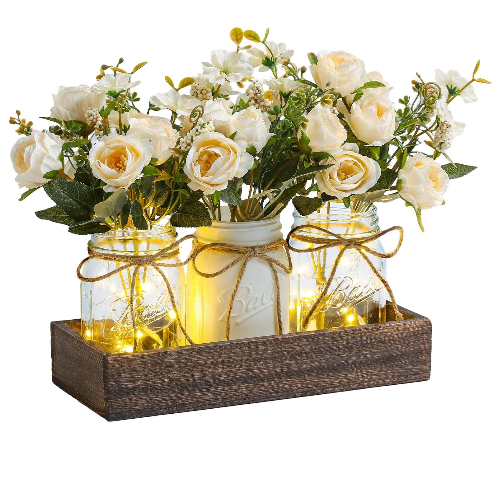 3-Piece Set Mason Jar with Artificial Flowers Rose Centerpiece Table Decoration