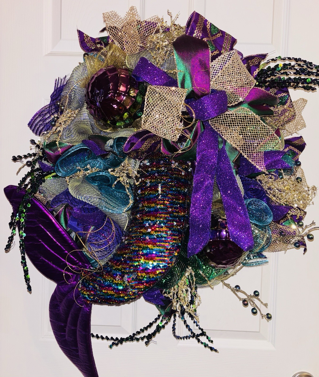 Mardi Gras Wreath Extra Large With Mermaid Tail and Fleur De Lis Handmade Deco
