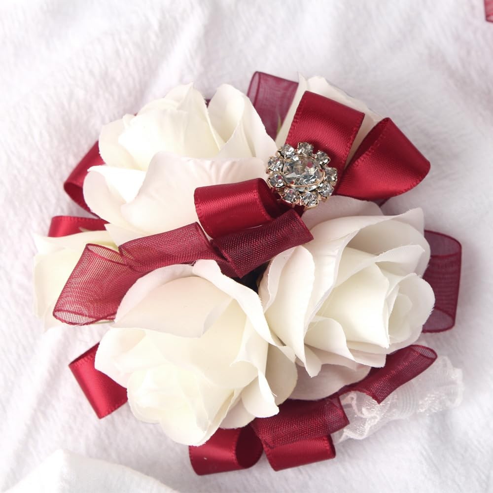 Prom Corsage Boutonniere Set Ivory Rose Wristlet Wedding Homecoming Red Ivory