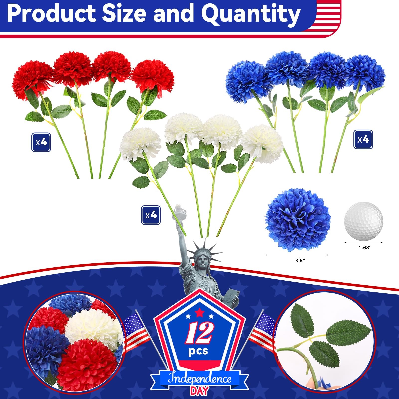 12 PCS Artificial Chrysanthemums Flowers 4th Of July Silk Red White Blue Mums