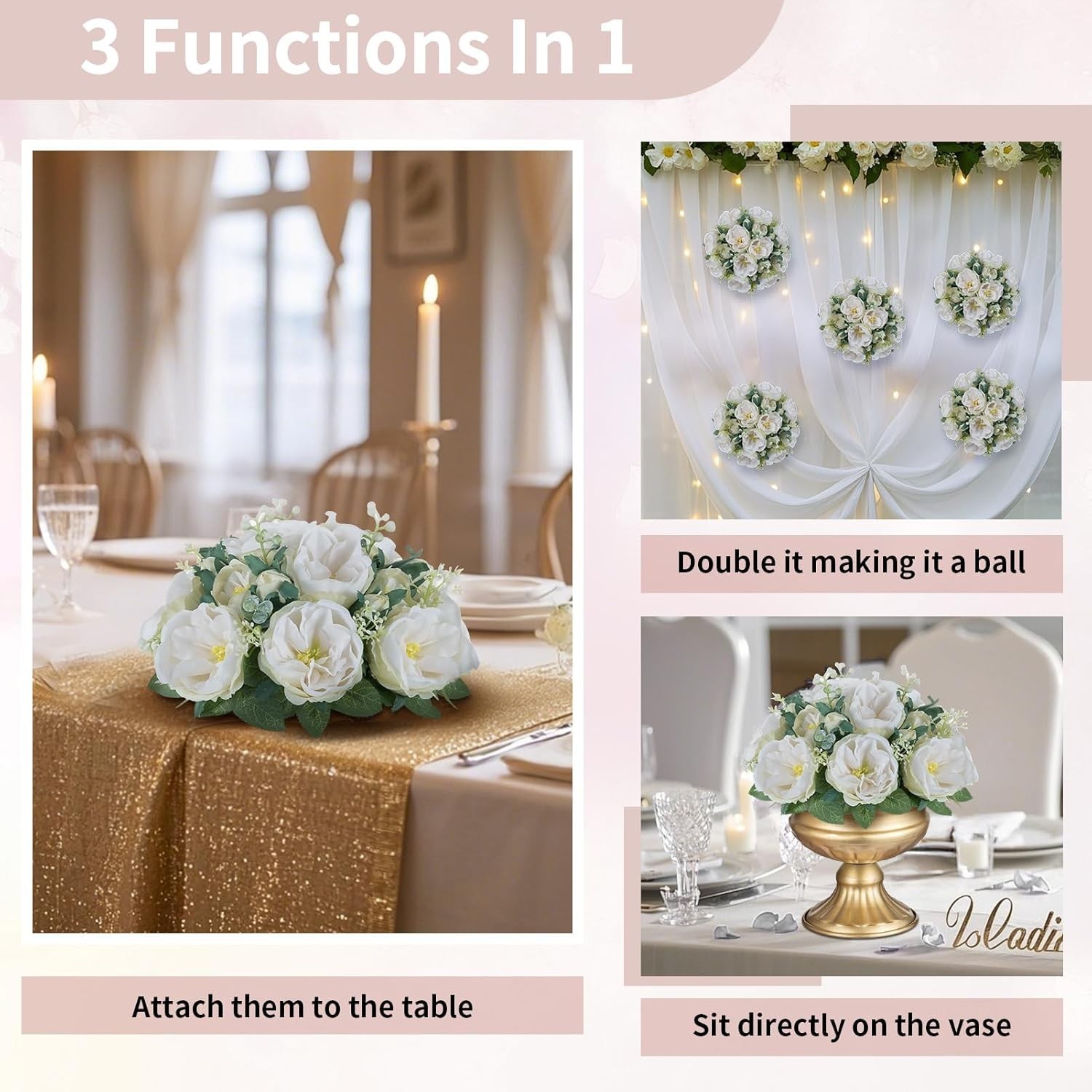 Artificial Flowers Ball Centerpieces: 10 Pcs 9.8 Inch Diameter Fake Kissing Rose