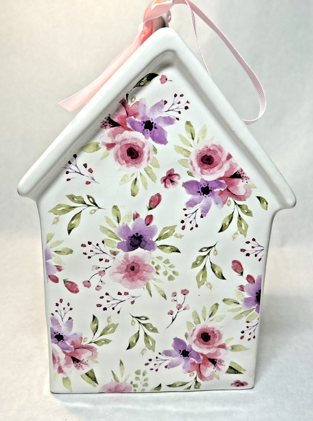 Ceramic White With Pink and Purple Flowered Birdhouse from Hobby Lobby