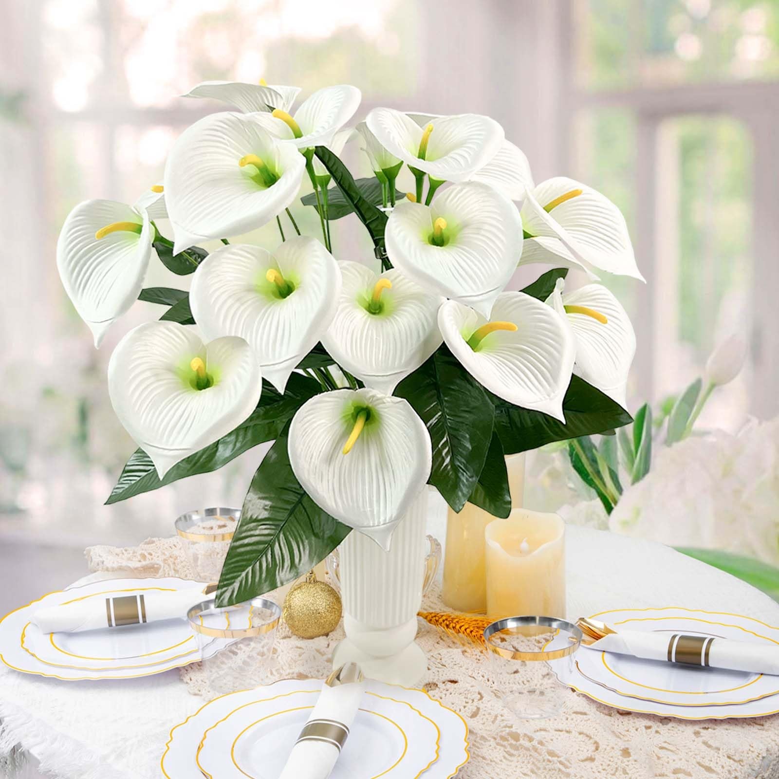 18 Blooms White Artificial Calla Lilies, 22in/56cm, Fake Flowers, Rotatable