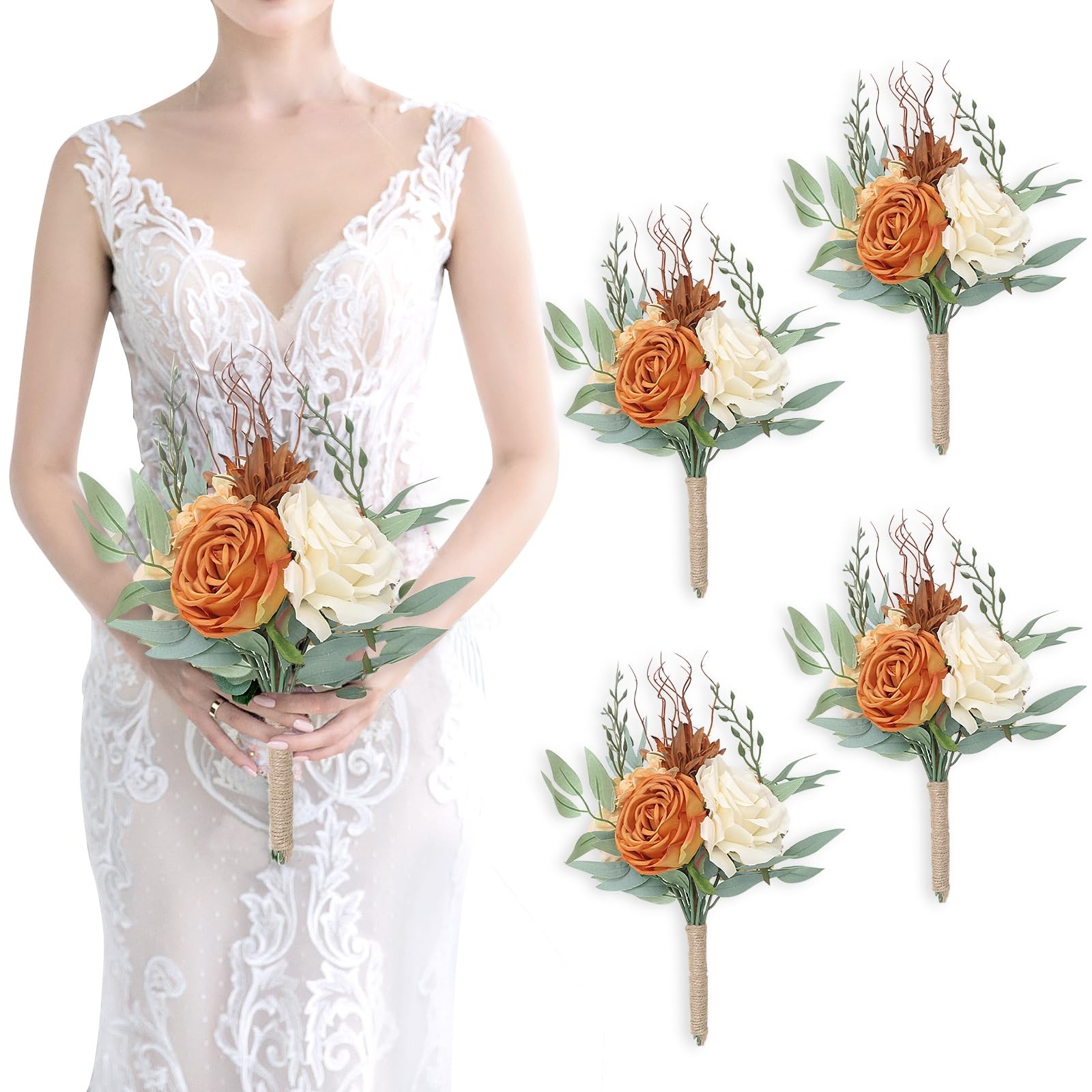 4 PCS 7 Inch Burnt Orange Artificial Flowers Bridesmaid Bouquet Wedding Decor