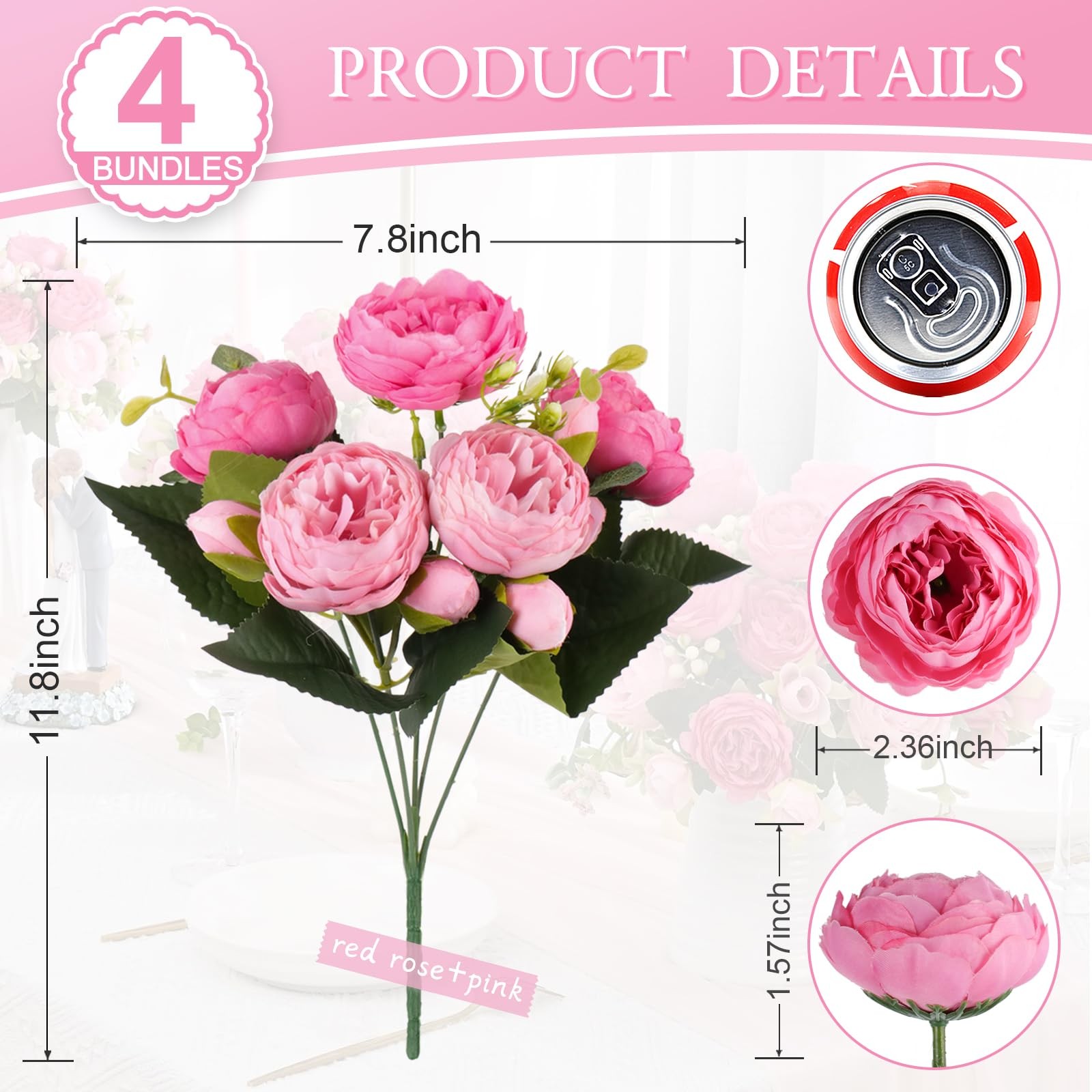 4 Bundles Artificial Peony Flower Silk Peonies Bouquet Rose Red Pink Decor