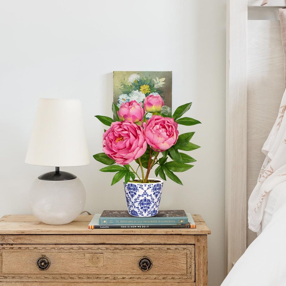 Faux Peony Flowers in Blue and White Ceramic Pot – 13.8″ Realistic Silk Peoni…