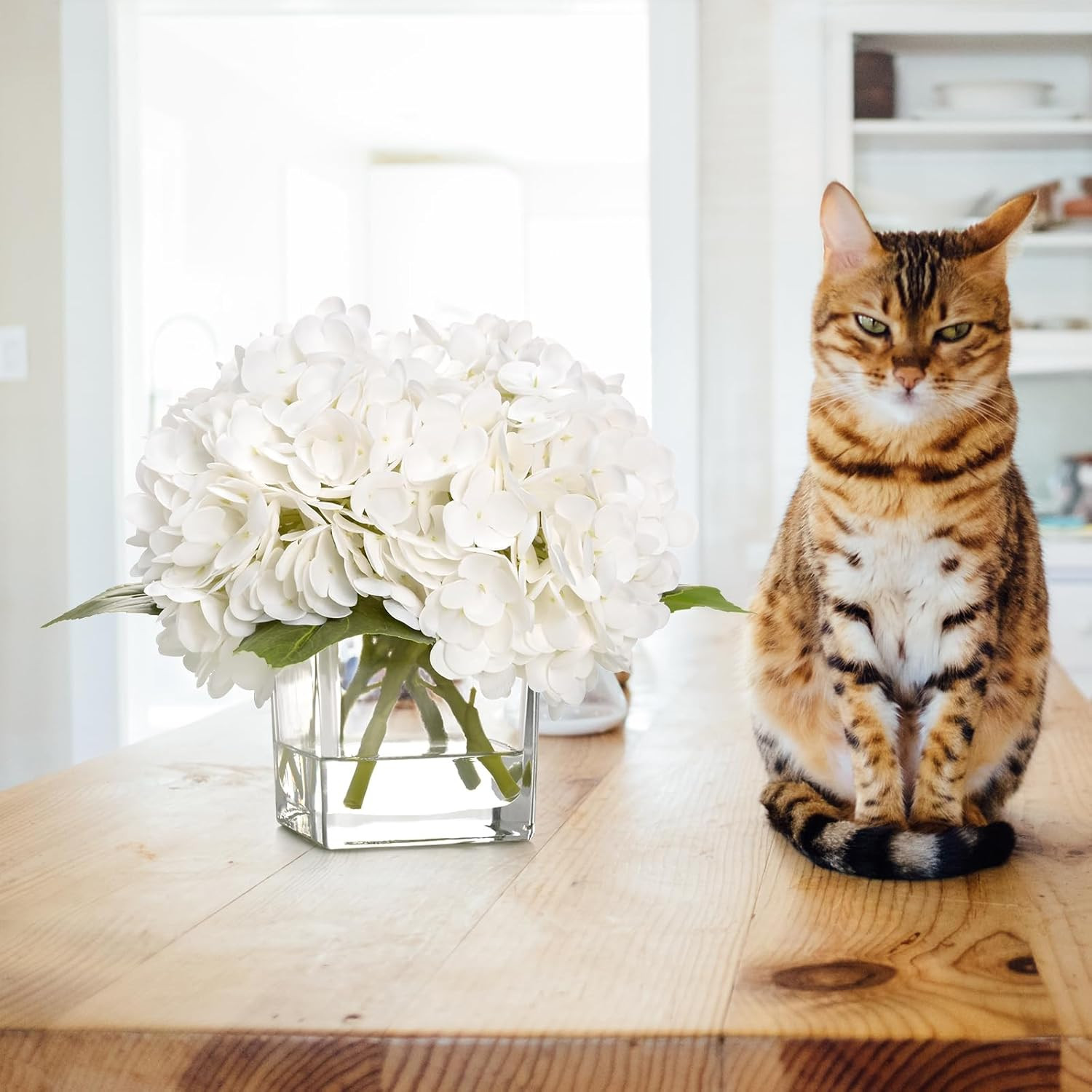 Luxury White Hydrangea in Glass Vase with Faux Water – Elegant Table Centerpiece