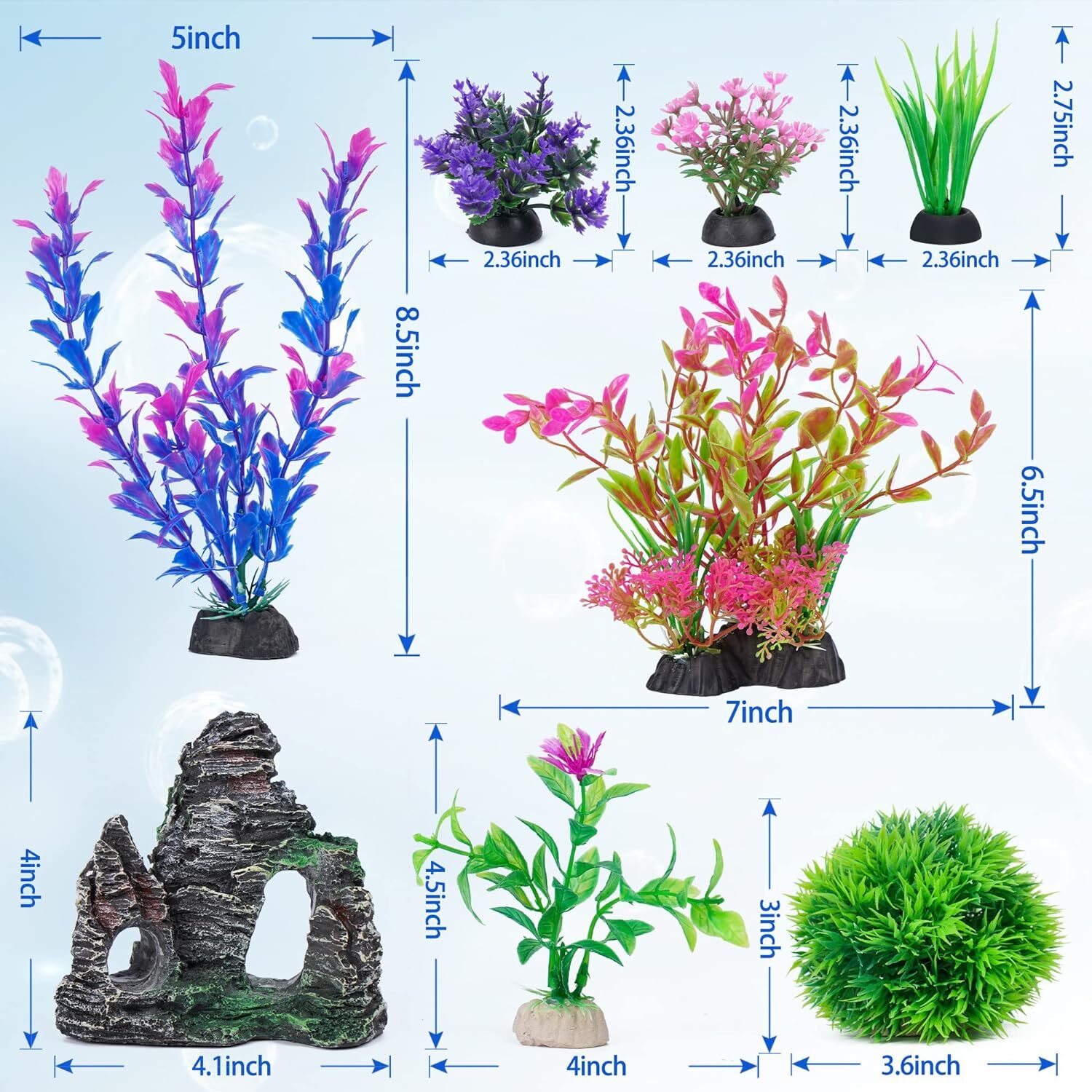 Ameliade Aquarium Artificial Plastic Plants & Rock Cave Decor Set – Fish Tank
