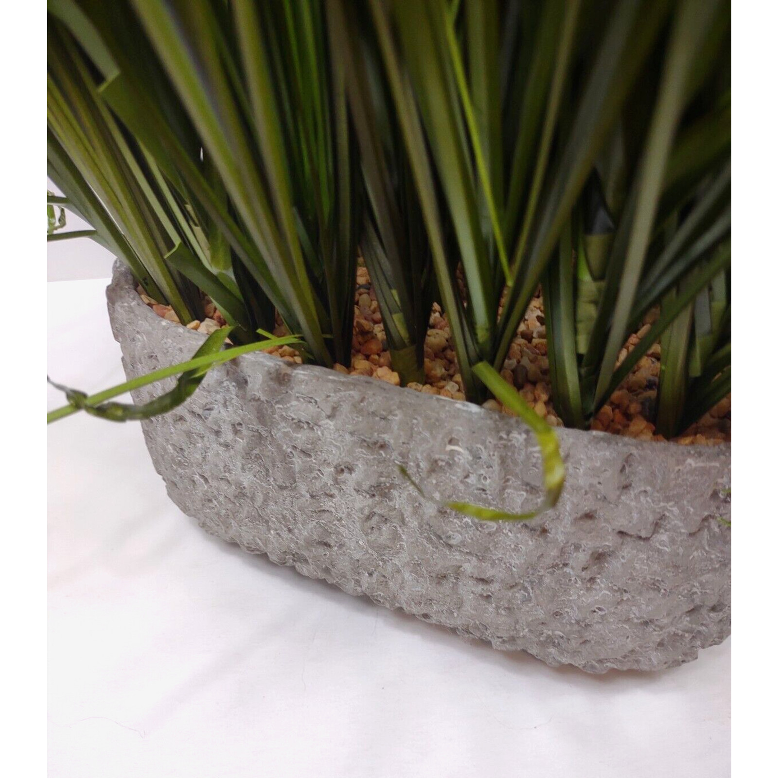 Faux Grass Center Piece Arrangement Rock Filled Cast Textured Vase 24” Tall
