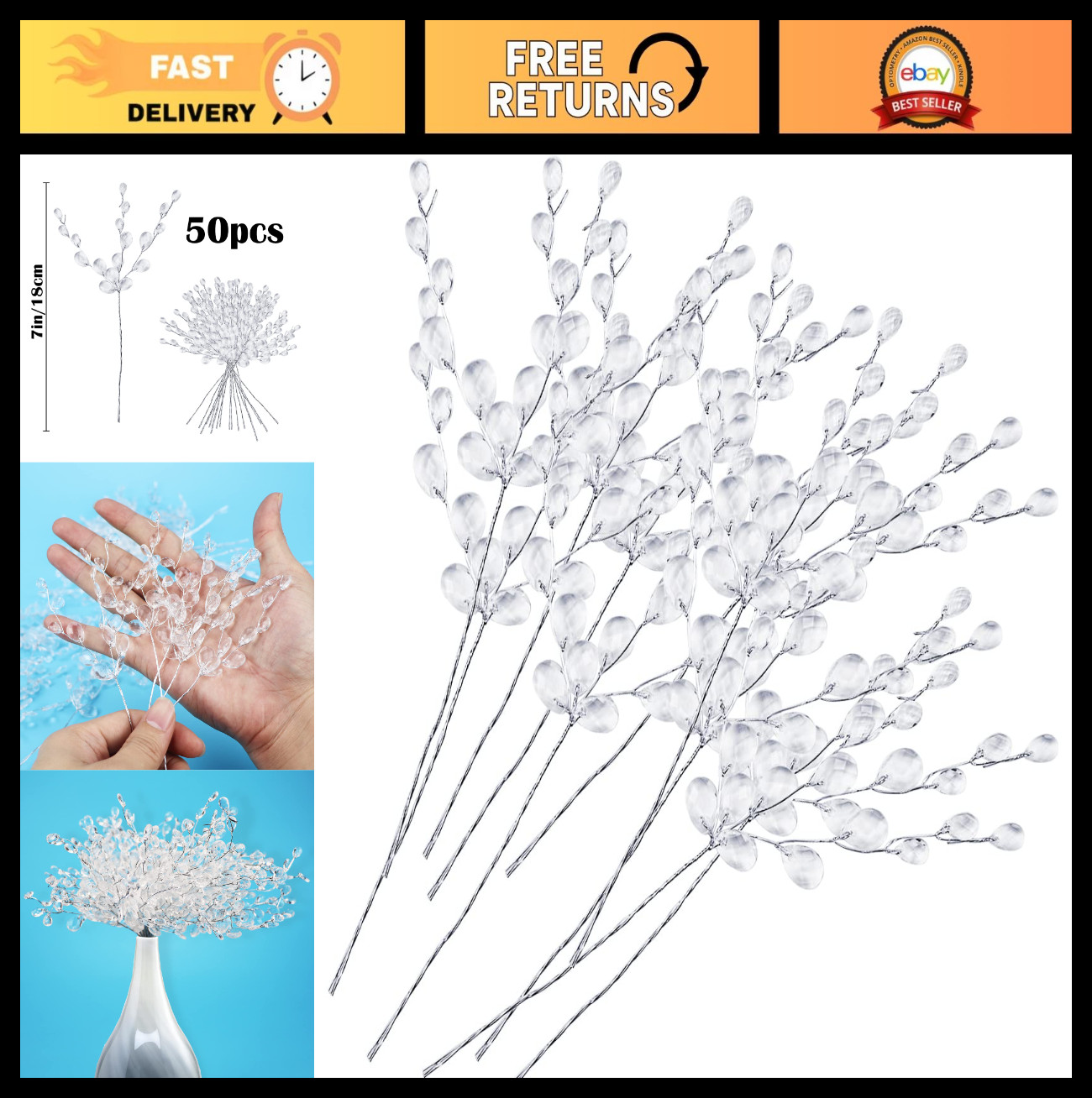 50PCS Artificial Flower Stems with Acrylic Bead Drops for DIY Crafts & Weddings