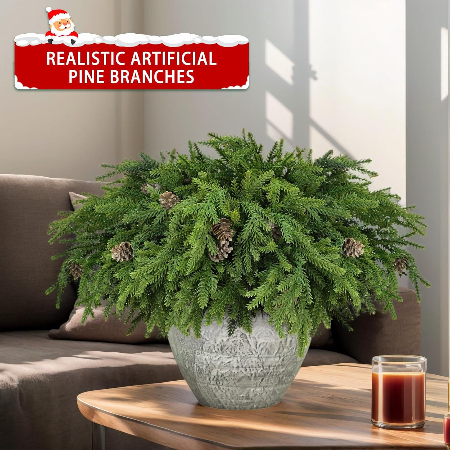 24 Pcs Realistic Pine Branches with Pinecones for Christmas Decor
