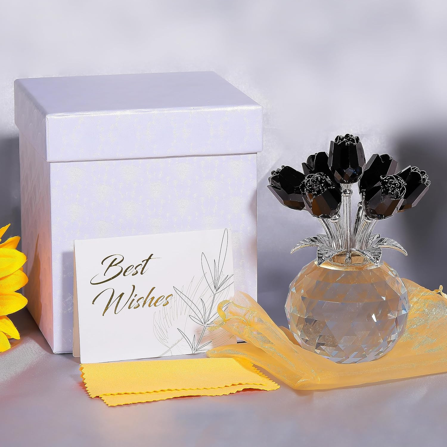 Black Rose Flower Crystal Figurine with Vase, Bouquet Flowers Gifts for Wife Gir