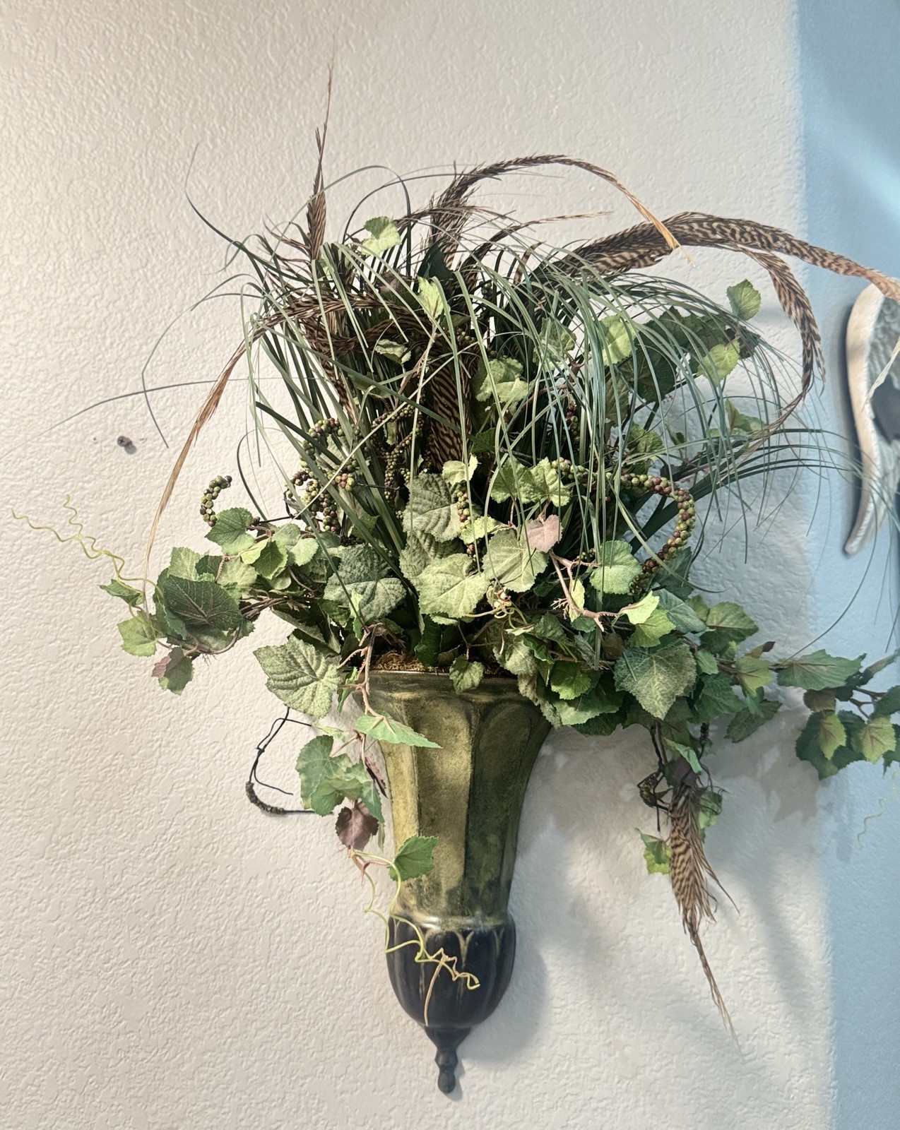 Beautiful 2 Mid-Cent. Metal Wall Scones W/Artificial Foliage 25×15 (Cone 11.5×7)