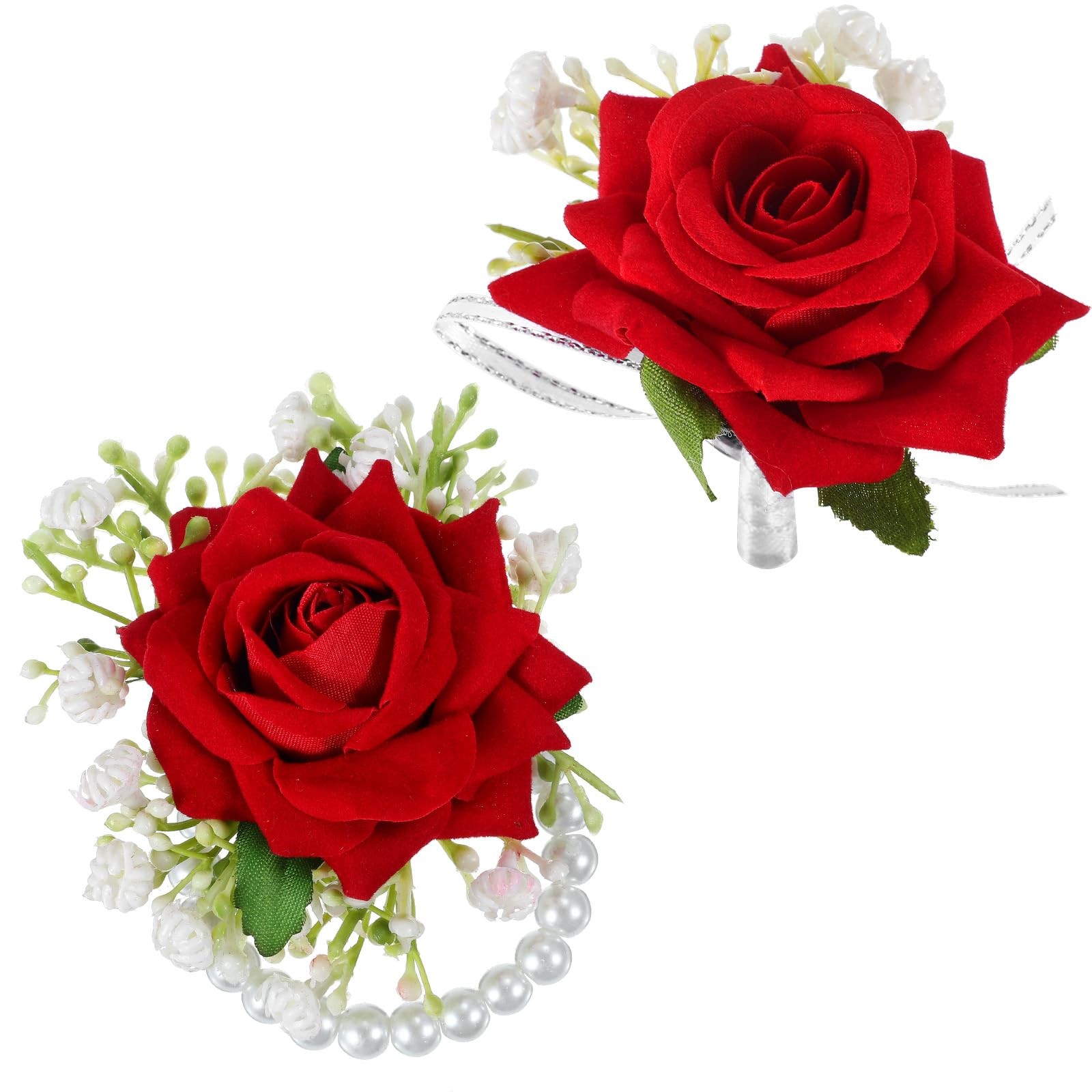 2 PCS Red Rose Corsage Set Pearl Hand Flower Wrist Wedding Prom Bridesmaid