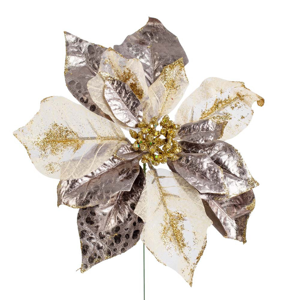 Set of 2 Platinum Sparkling Satin and Mesh Artificial Poinsettia 8″ Picks