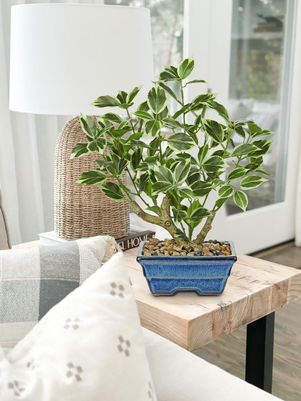 15″ Artificial Bonsai Tree Blue Ceramic Pot Fake Plants Kitchen Office Decor