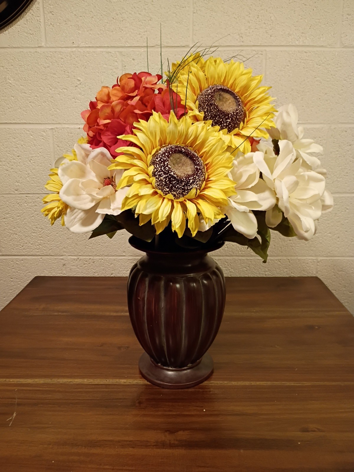 Bouquet of Large Silk Flowers In Bronze Vase