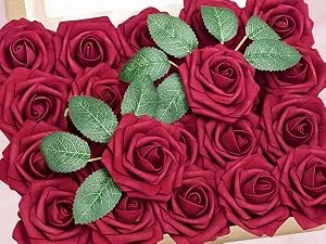 16Pcs Artificial Flowers Fake Roses with Stems, Burgundy Boxed Foam Roses for
