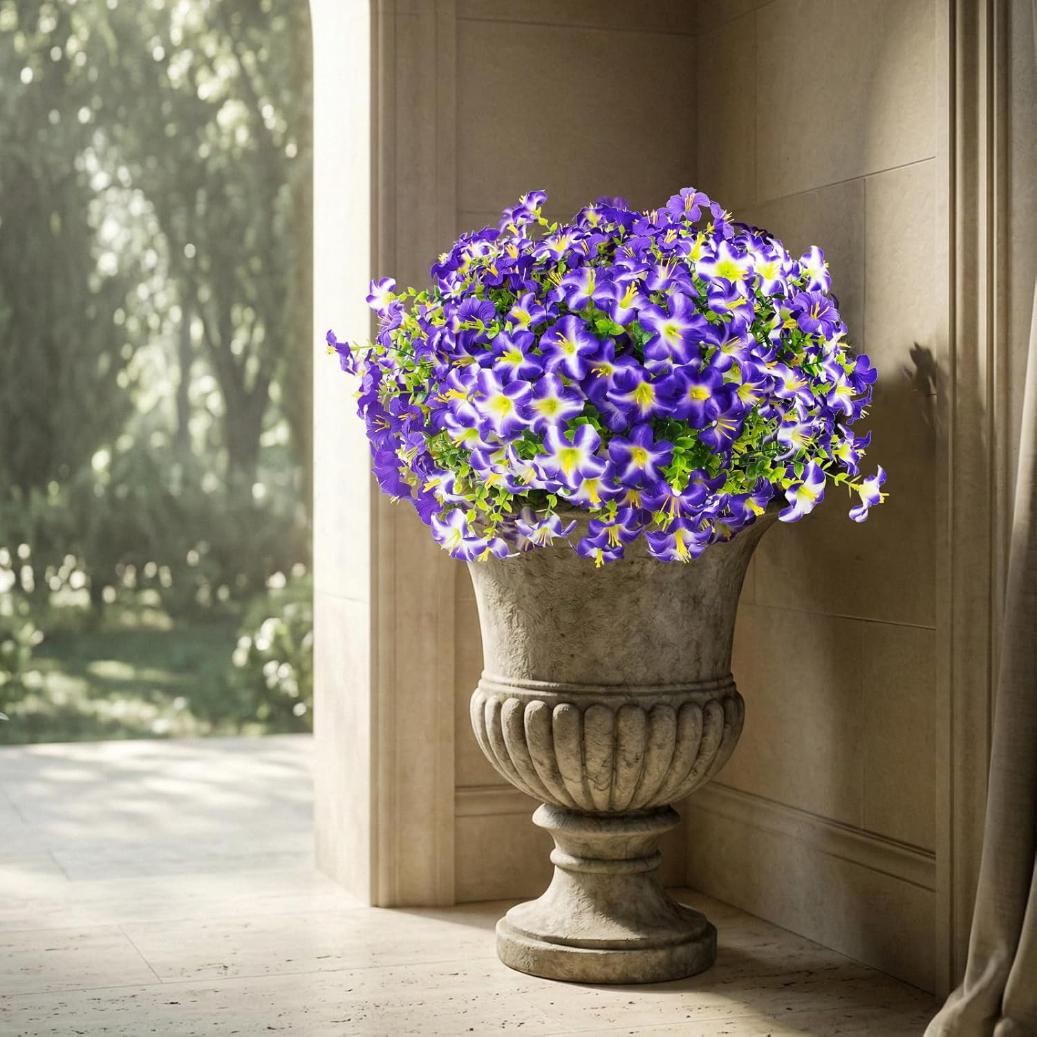16 Pcs Faux Petunias Artificial Flowers for Outdoors, UV Resistant Fake Purple P