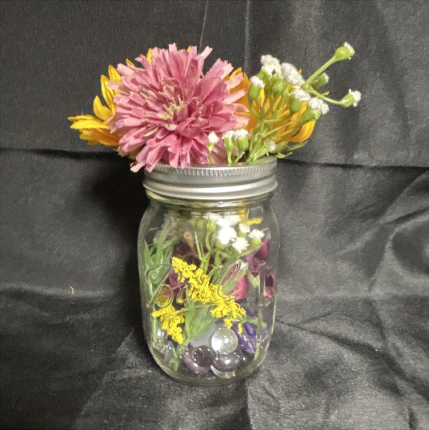 Artificial Sunflower & Daisy Arrangement in Glass Jar Floral Centerpiece