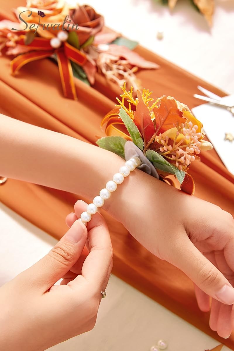 2 PCS Orange 6-7 Inch Wrist Corsage Boutonniere Set Wedding Prom Ceremony