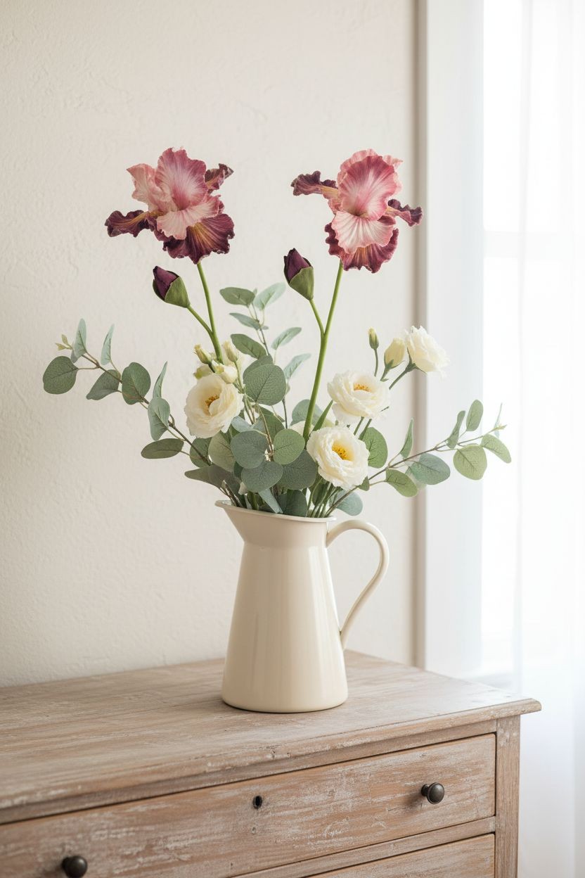 Blush Pink and Plum Purple Real Touch Iris Stems Set of 2 21 Inch Faux Flowers f
