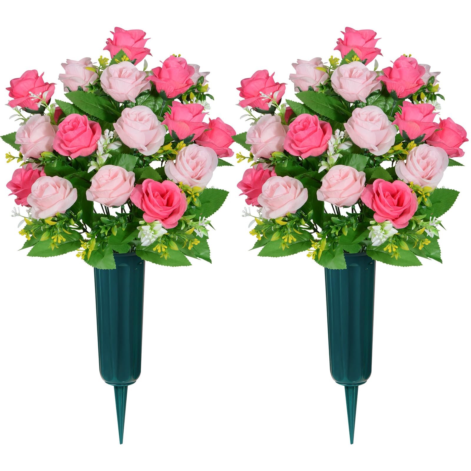 Artificial Cemetery Flowers with Vase, Headstone Flowers Rose Bouquet, Graveyard